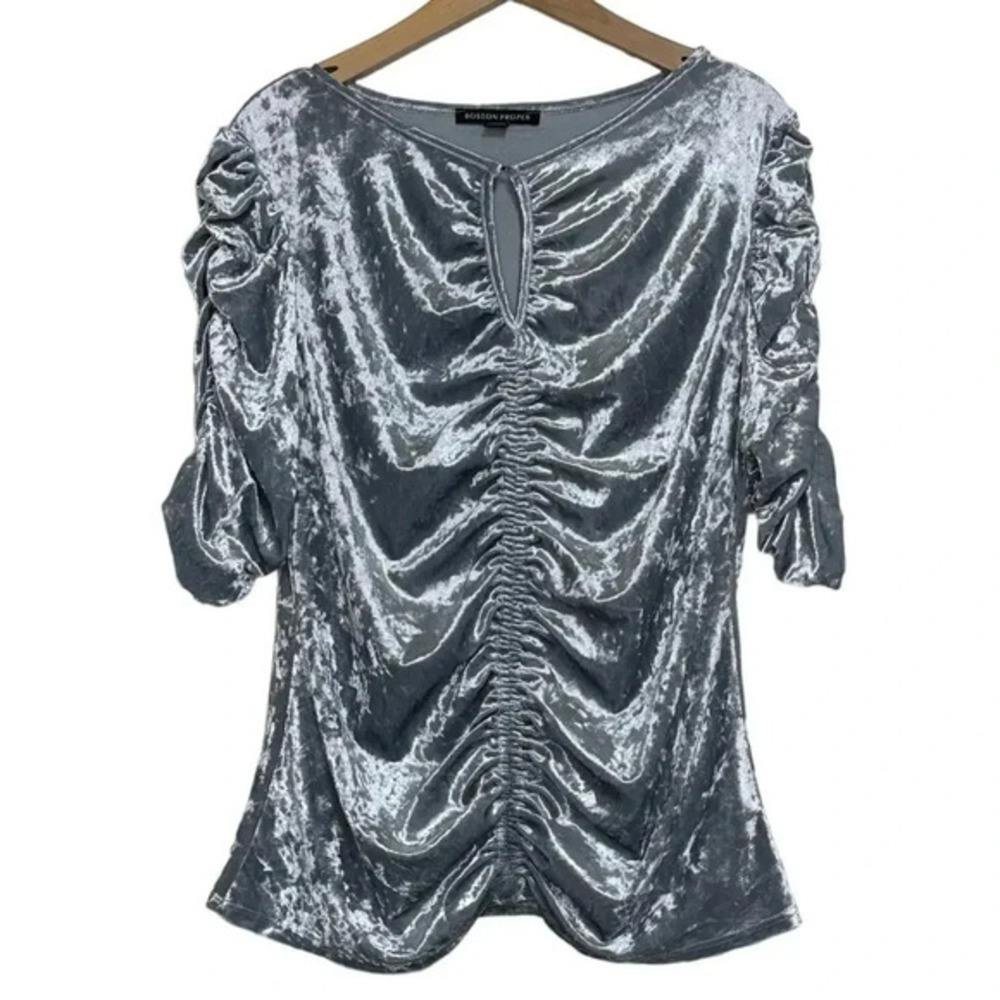 Boston‎ Proper Top XL Silver Crushed Velvet Ruched Front Split Neck Elbow Sleeve